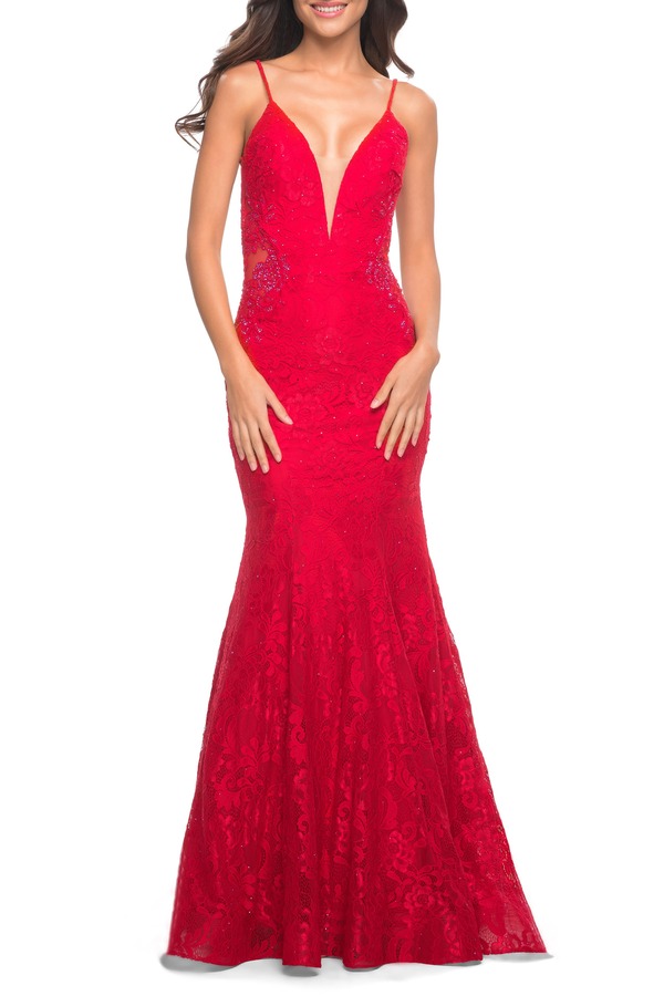 ラフェム レディース トップス ワンピース レース La Femme Long Mermaid Lace Dress with Back Rhinestone Detail Red レッド|ReVida 店