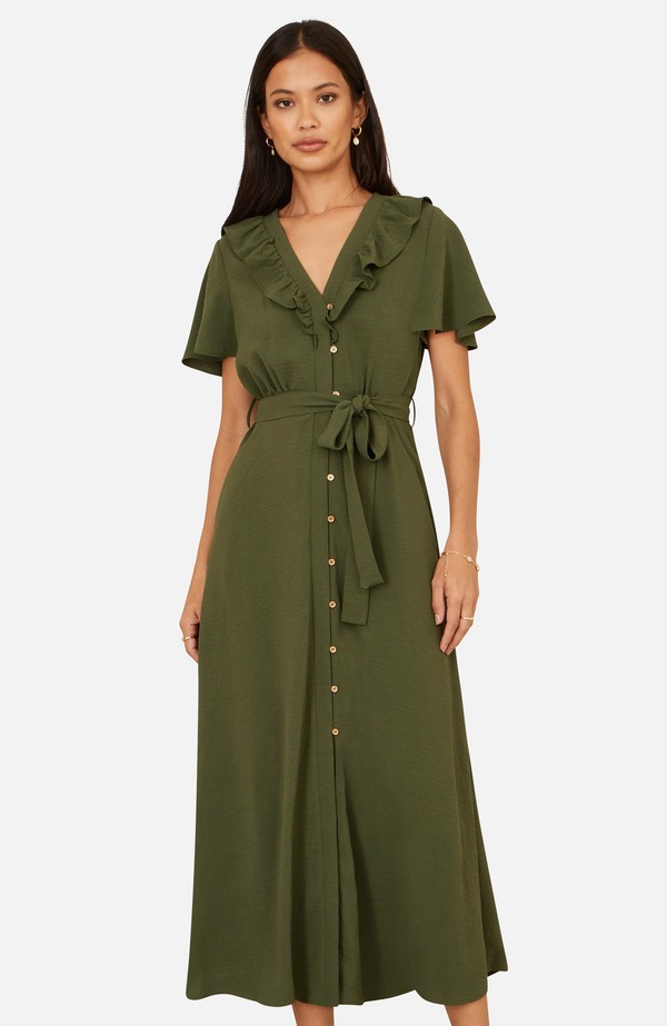 ユミキム レディース トップス ワンピース フリル ミディ シャツ Yumi Ruffle Collar Midi Shirt Dress Green グリーン｜ReVida 店