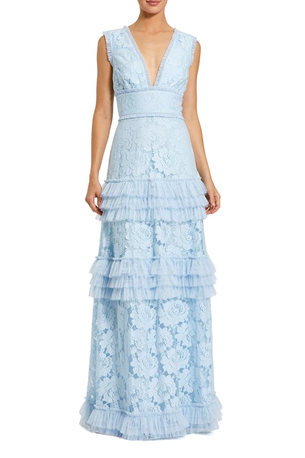 マックダガル レディース トップス ワンピース Vネック ティアード フリル レース Mac Duggal V-Neck Lace Tiered Ruffle Gown Powder Blue ブルー