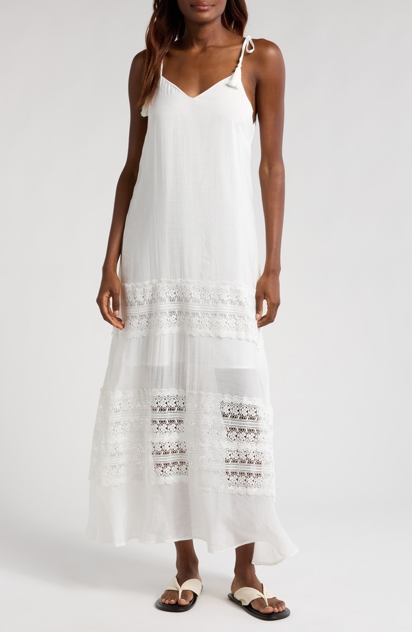 エラン レディース トップス ワンピース レース マキシ Elan Lace Tie Strap Cover-Up Maxi Dress White ホワイト