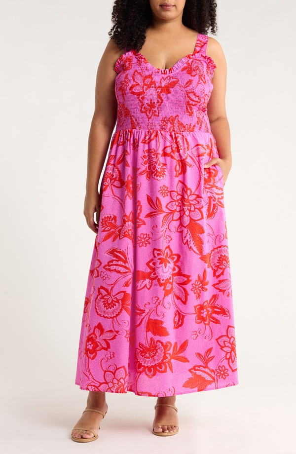シュガーリップス レディース トップス ワンピース フラワー柄 シャーリング コットン マキシ フラワー SUGARLIPS Weirly Floral Smocked Bodice Cotton Maxi Sundress Pink-Red-Multi レッド