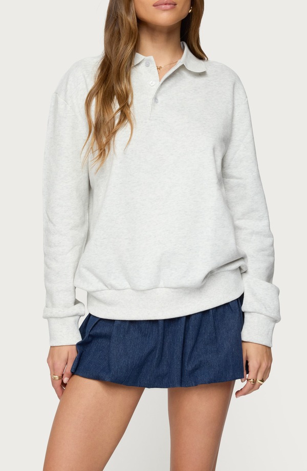 アディクテッド レディース アウター パーカー・スウェット ポロシャツ コットン EDIKTED Scholar Oversize Cotton Blend Polo Sweatshirt Gray-Melange グレー｜ReVida 店