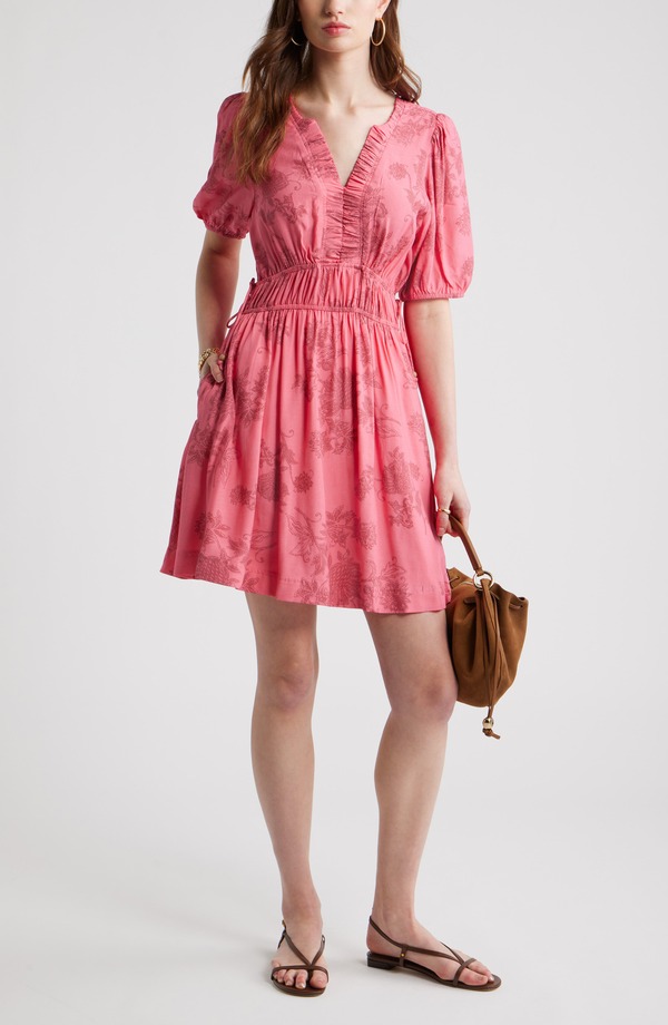 トレジャーアンドボンズ レディース トップス ワンピース プリント ミニ Treasure & Bond Print Puff Sleeve Minidress Pink Lace Bloom ピンク