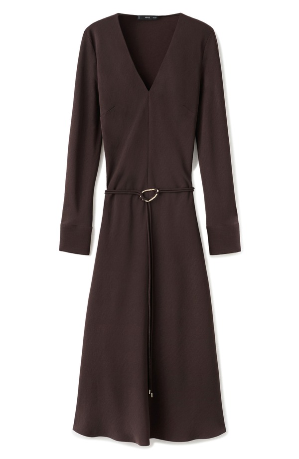マンゴ レディース トップス ワンピース ミディ MANGO Belted Long Sleeve Midi Dress Brown ブラウン｜ReVida 店