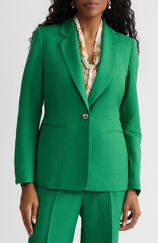 カスパール レディース アウター 上衣・上衣 スポーツジャケット リネン KASPER One-Button Linen Blend Peplum Blazer Lush Green 緑であること