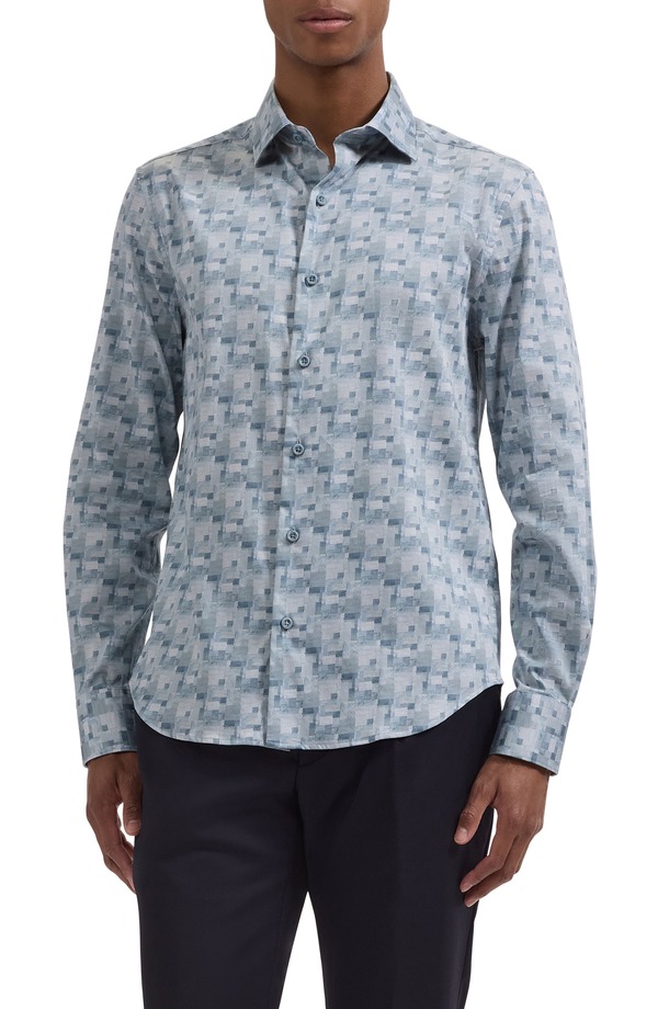 ブガッチ メンズ トップス シャツ プリント コットン Bugatchi Axel Trim Fit Abstract Mosaic Print Stretch Cotton Button-Up Shirt Ether｜ReVida 店