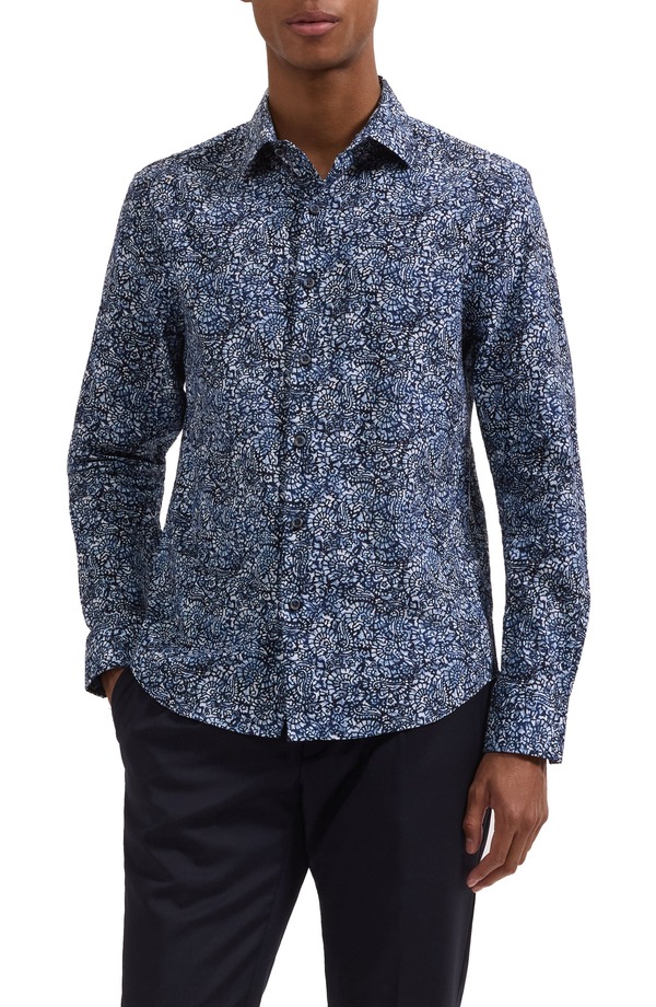 ブガッチ メンズ トップス シャツ プリント コットン Bugatchi Julian Shaped Fit Abstract Paisley Print Cotton Button-Up Shirt Navy ネイビー｜ReVida 店