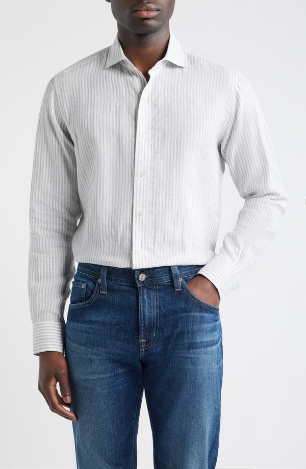 ピーター・ミラー メンズ トップス シャツ リネン Peter Millar Crown Crafted Astino Lino Stripe Linen Button-Up Shirt British Grey グレー