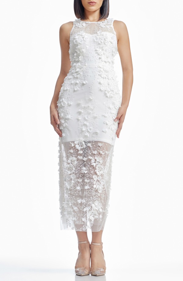ドレスザポプレーション レディース トップス ワンピース フラワー柄 フラワー Dress the Population Helena Beaded Floral Sheath Gown White ホワイト