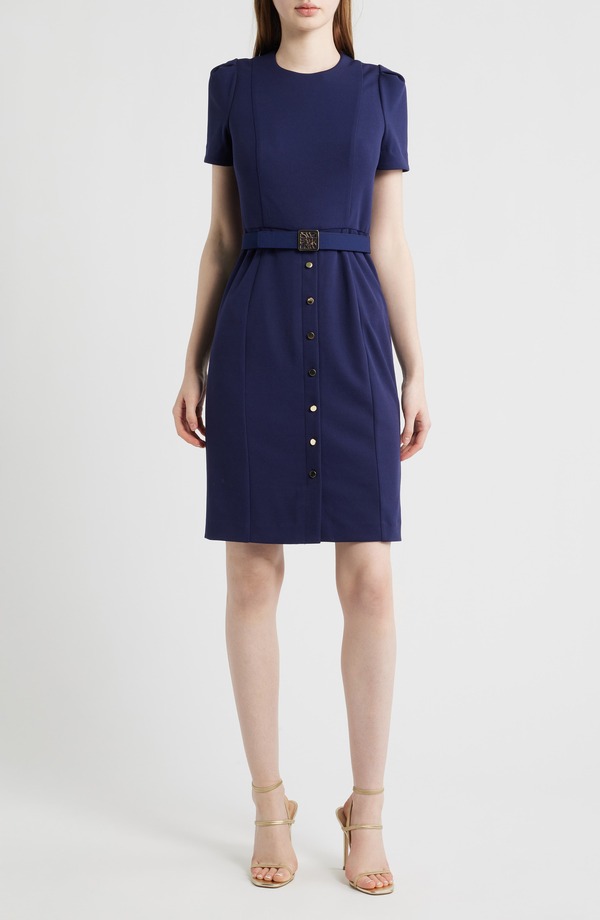 アンクライン レディース トップス ワンピース クレープ Anne Klein Belted Cool Crepe Sheath Dress Deep Navy ネイビー