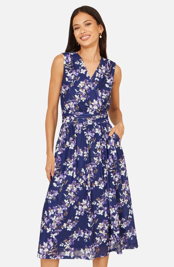 ユミキム レディース トップス ワンピース プリント メッシュ ミディ Yumi Blossom Print Mesh Stretch Midi Dress Navy ネイビー