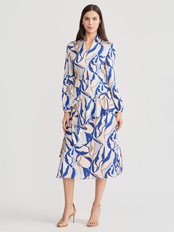 ミソック レディース トップス ワンピース クレープリント フリル マキシ Misook Fit & Flare Printed Crepe de Chine Ruffle Maxi Dress Biscotti/Aegean Blue ブルー