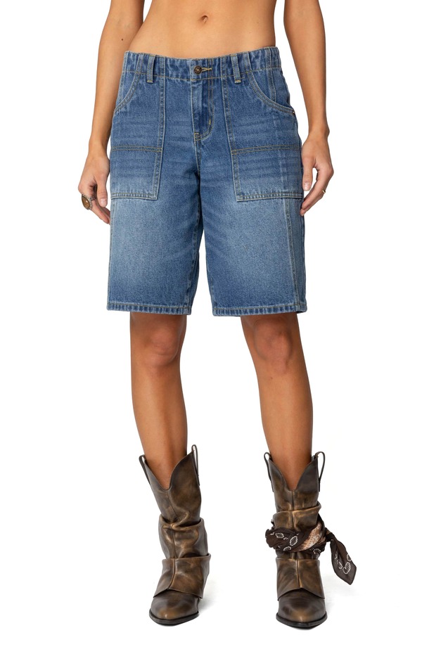 アディクテッド レディース ボトムス デニムパンツ ローライズ ショートパンツ EDIKTED Tris Low Rise Denim Bermuda Shorts Blue ブルー