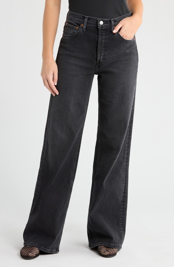 リダン レディース ボトムス ジーンズズボン下 ワイドレッグ ご機嫌酉の方角 デニム Re/Done High Waist Wide Leg Jeans Washed Noir