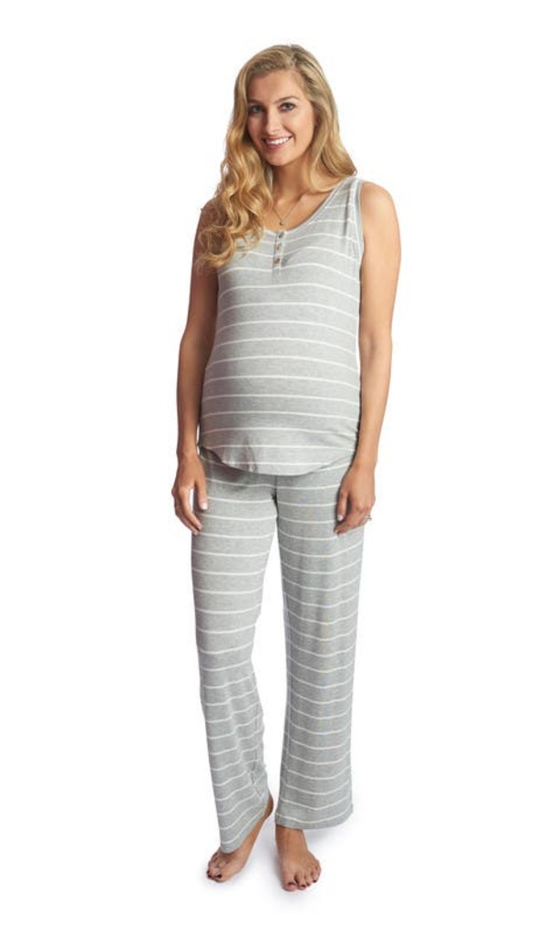 エヴァリーグレー レディース アンダーウェア ナイトウェア マタニティ Everly Grey Joy During & After 2-Piece Maternity/Nursing Sleep Set Heather Grey Stripe グレー|ReVida 店