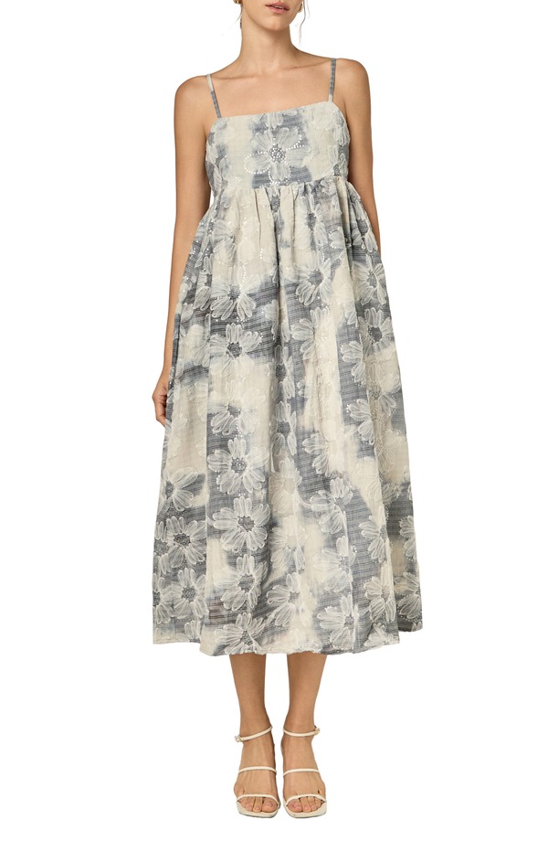 イングリッシュファクトリー レディース トップス ワンピース フラワー柄 ミディ ノースリーブ フラワー English Factory Floral Embroidery Sleeveless Midi Dress Blue/ Off White オフホワイト