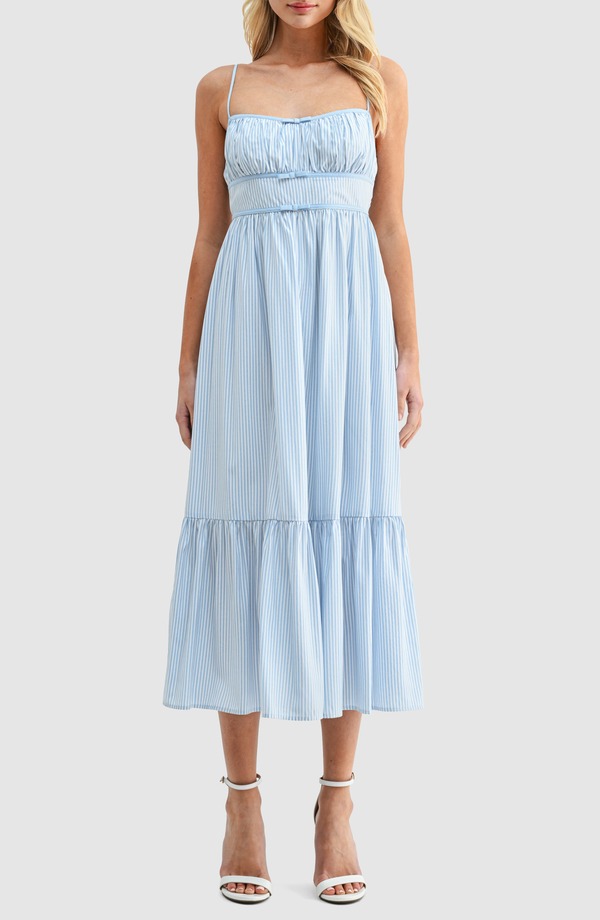 オールインフボール レディース トップス ワンピース フリル裾 フリル ミディ All in Favor Stripe Bow Detail Ruffle Hemidi Dress Light Blue Stripe ブルー
