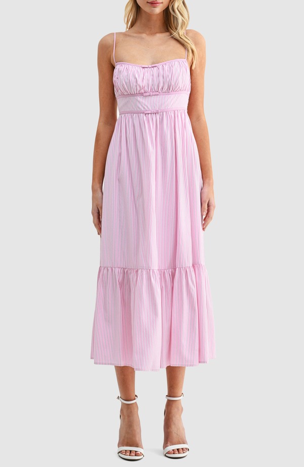 オールインフボール レディース トップス ワンピース フリル裾 フリル ミディ All in Favor Stripe Bow Detail Ruffle Hemidi Dress Pink Stripe ピンク