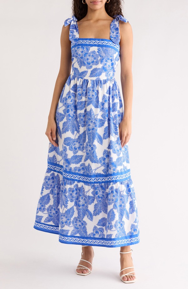 シュガーリップス レディース トップス ワンピース ティアード フラワー柄 コットン マキシ フラワー SUGARLIPS Rency Floral Tiered Cotton Maxi Sundress White-Blue ホワイト