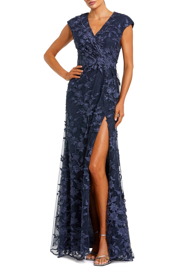 マックダガル レディース トップス ワンピース 刺繍 キャップ Mac Duggal Faux Wrap Embroidered Cap Sleeve Gown Midnight
