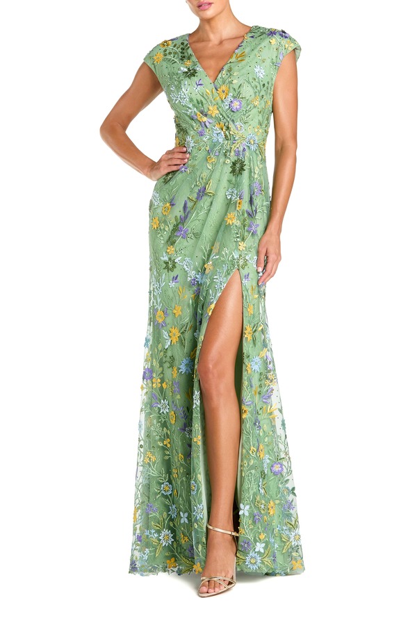 マックダガル レディース トップス ワンピース 刺繍 キャップ Mac Duggal Faux Wrap Embroidered Cap Sleeve Gown Sage セージ