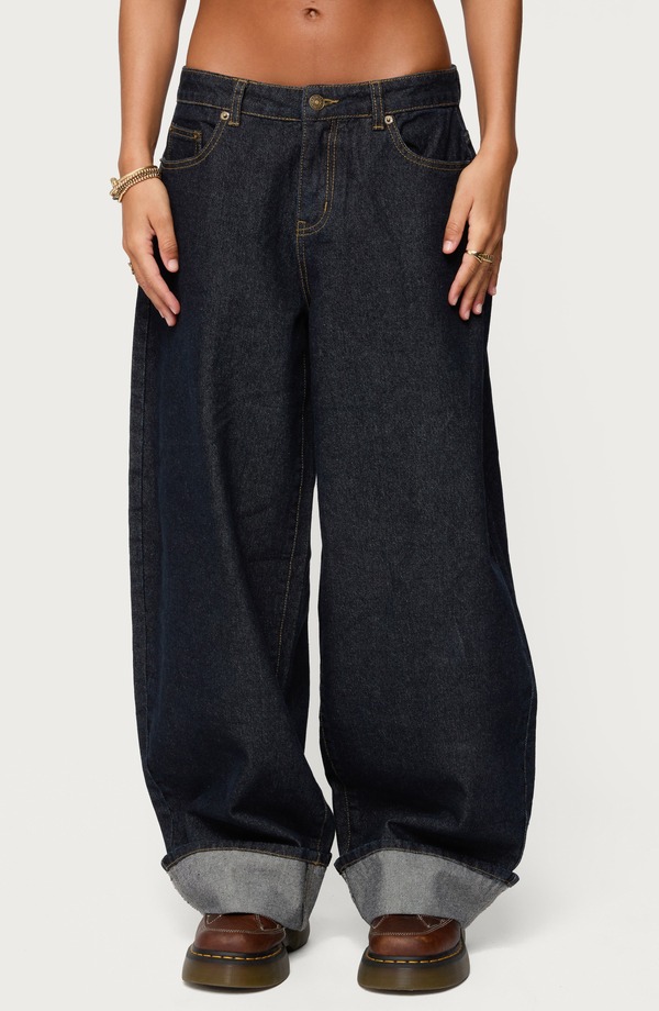 アディクテッド レディース ボトムス デニムパンツ ワイドレッグ ローライズ ジーンズ EDIKTED Kella Oversized Low Rise Cuffed Wide Leg Jeans Indigo-Blue-Raw-Wash インディゴ
