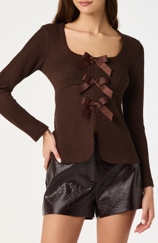 アストール レディース トップス シャツ ASTR the Label Split Front Bow Top Brown ブラウン