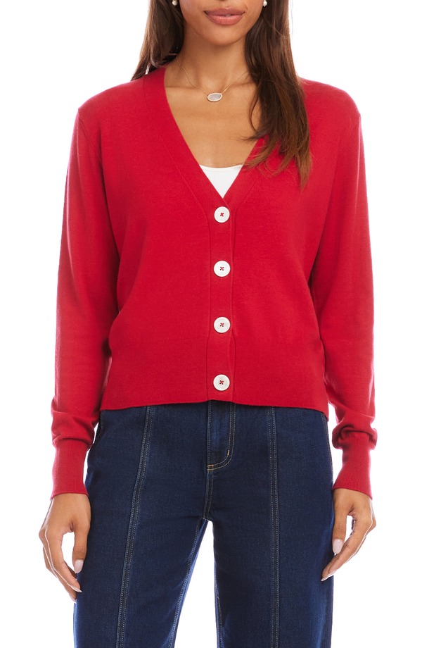 カレンケーン レディース アウター ジレー V素っ首 Karen Kane V-Neck Cardigan Red 赤いこと