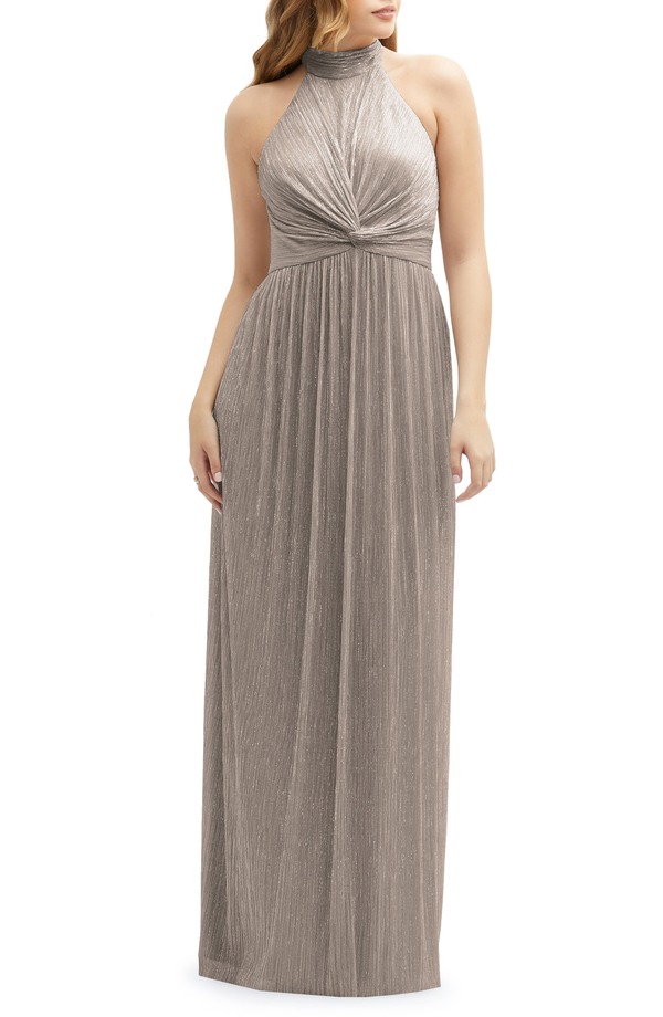 アフターシックス レディース トップス ワンピース プリーツ トール ホルター After Six Metallic Pleated Halter Column Gown Taupe Metallic トープ｜ReVida 店