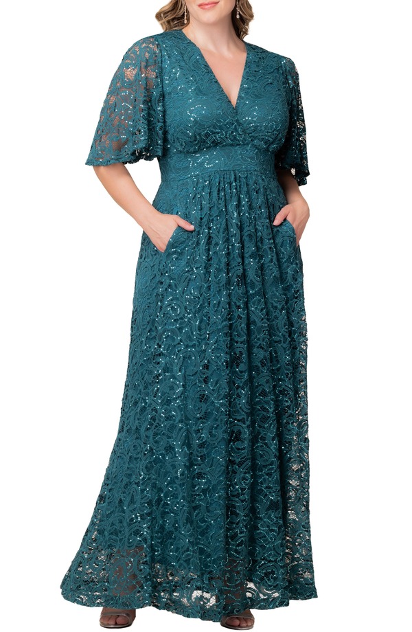 キヨナ レディース トップス ワンピース A ライン スパンコール レース Kiyonna Luminousequin Lace A-Line Gown Teal Topaz ティール|ReVida 店