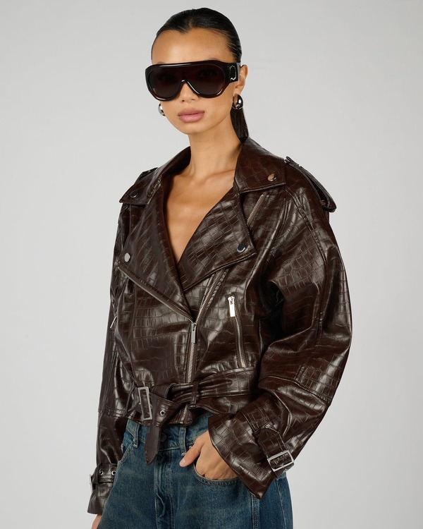 ウィ ウォー ワット レディース アウター ジャケット・ブルゾン クロップド WeWoreWhat Cropped Moto Jacket Dark Brown ブラウン