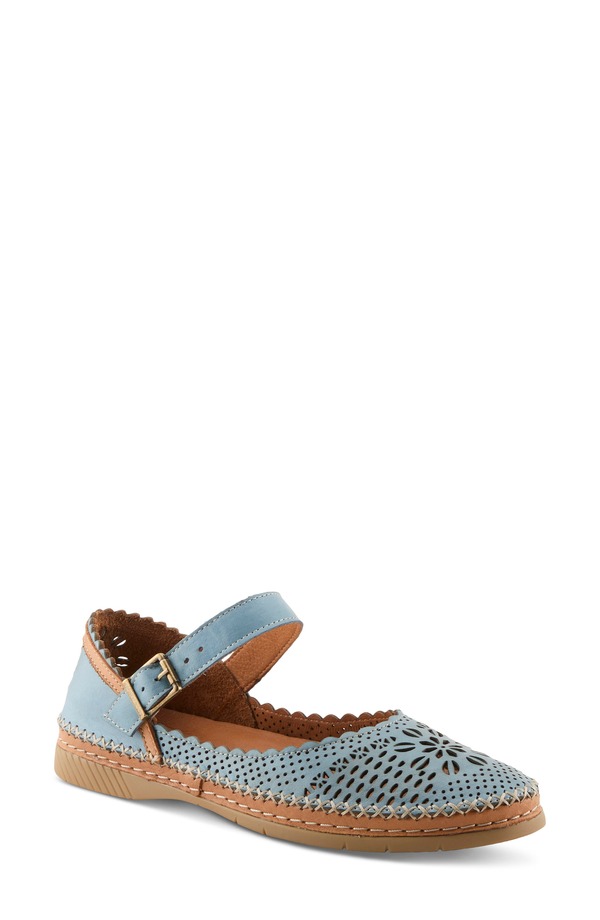 三春足つき レディース シューズ パンプス Spring Step Zabelle Mary Jane Flat Denim Blue ジーンズ