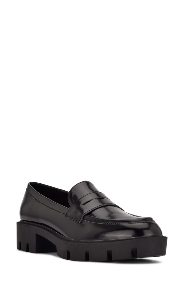 ナインウェスト レディース シューズ スリッポン・ローファー プラットフォーム Nine West Maibel Platform Penny Loafer Black Patent ブラック｜ReVida 店