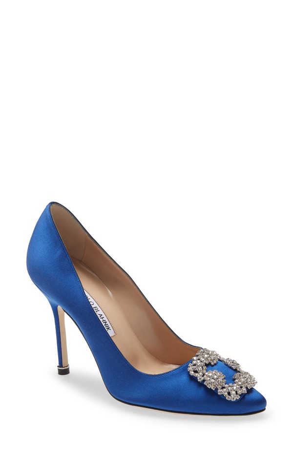 マノロ ブラニク レディース シューズ パンプス Manolo Blahnik Hangisi Crystal Buckle Pump Blue Satin Clear/ Buckle 青碧