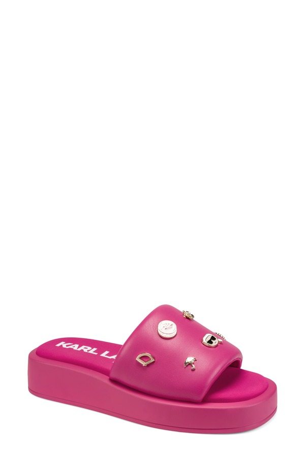 長い巻き毛 ラガーフェルド レディース シューズ サンダル プラットホーム KARLAGERFELD PARIS Opal Macaron Platform Wedge Slide Sandal Hot Pink さくら色 コンフォートサンダル-靴