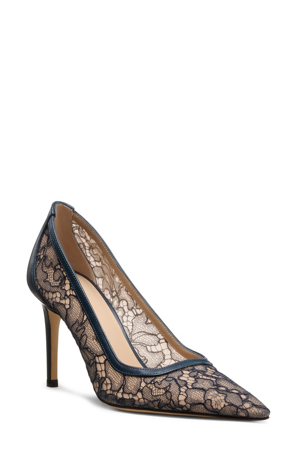 スチュアート ワイツマン レディース シューズ パンプス スピード競技 Stuart Weitzman Stuart Power 85 Lace Pointed Toe Pump Deep Sea Blue/ Beige 青碧