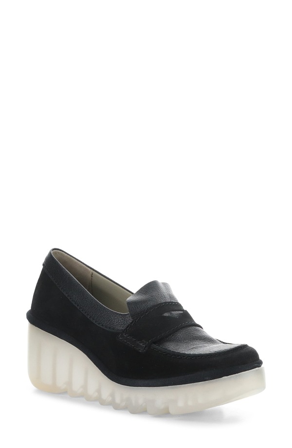 飛球英国の首都 レディース シューズ スリッポン・ローファー プラットホーム Fly London Bilz Platform Wedge Loafer Black 黒いこと
