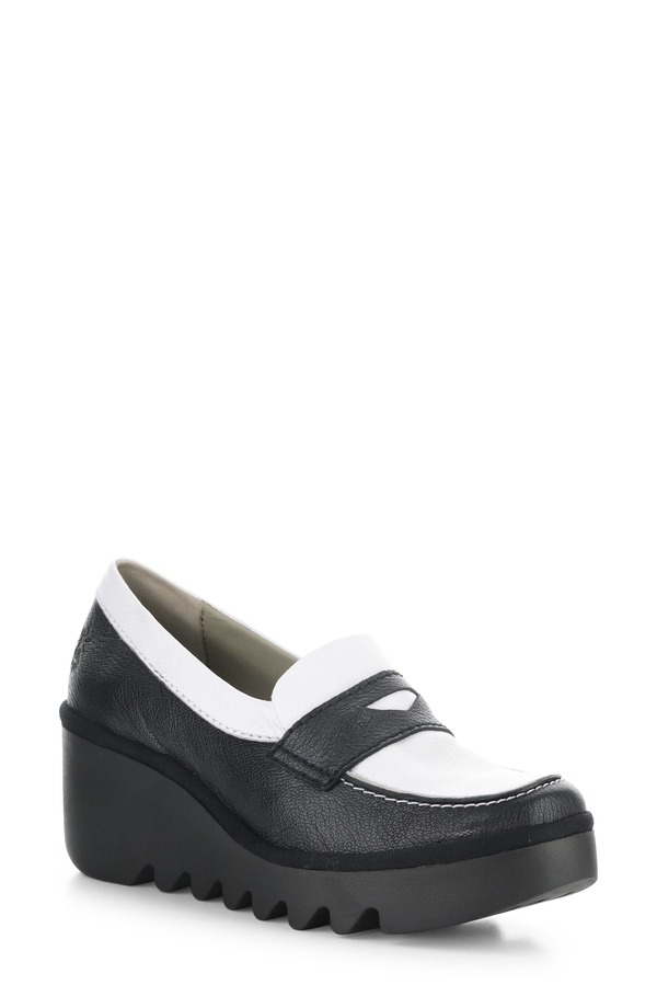 飛球英国の首都 レディース シューズ スリッポン・ローファー プラットホーム Fly London Bilz Platform Wedge Loafer Black/ White 白いこと