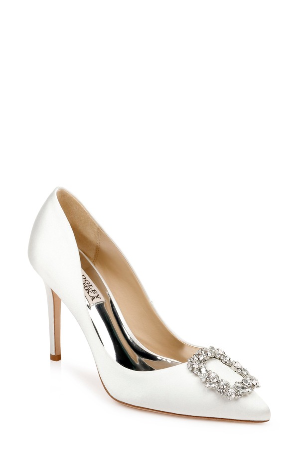 バッドグレイミッシカ レディース シューズ 踵 Badgley Mischka Collection Cher Crystal Embellished Pump Soft White Satin 白いこと