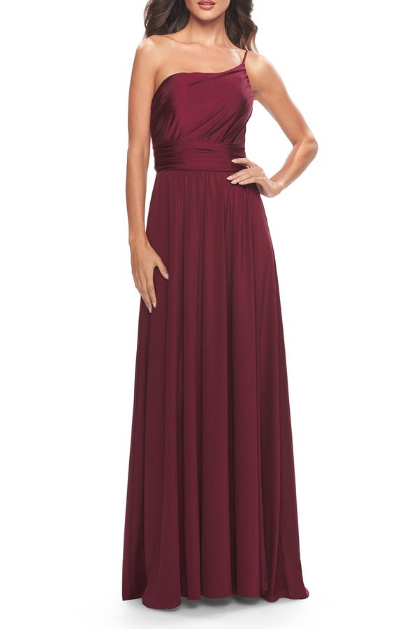 ラフェム レディース トップス ワンピース ジャージー La Femme Chic One Shoulder Long Jersey Gown with Defined Waist Dark Berry｜ReVida 店