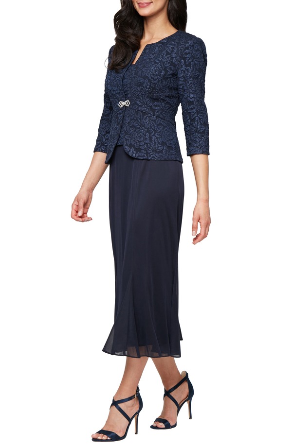 アレックスイブニングス レディース トップス ワンピース ジャケット Alex Evenings Jacquard Cocktail Dress with Jacket Navy ネイビー|ReVida 店