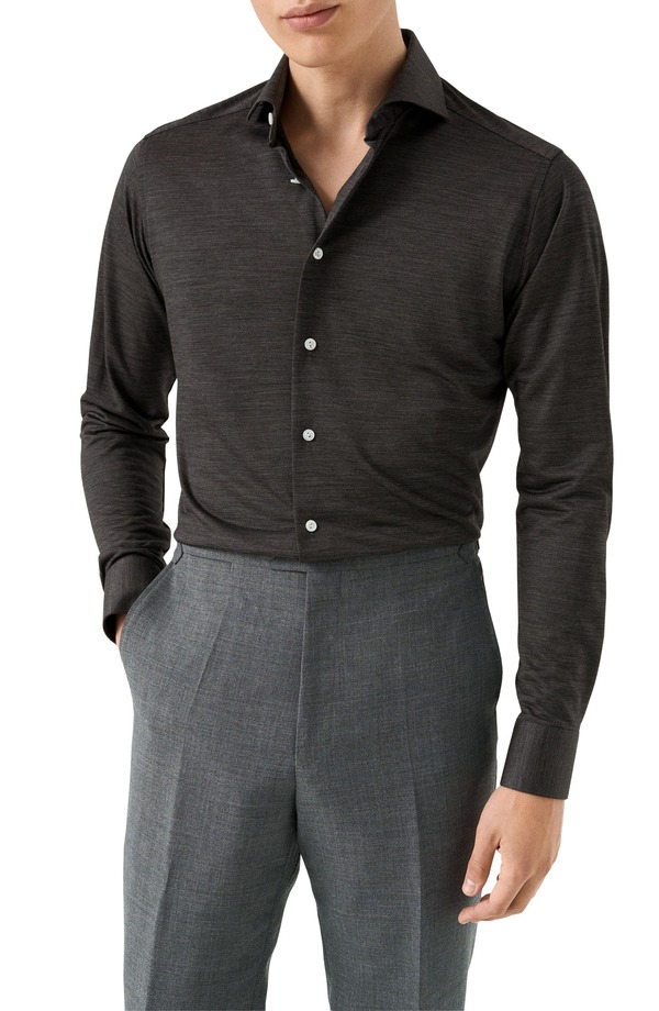 エトン メンズ トップス シャツ ジャージー Eton Contemporary Fit Solid Jersey Button-Up Shirt Dark Grey グレー