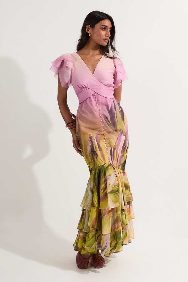 カレンミレン レディース トップス ワンピース フリル マキシ Karen Millen Button Through Ruffle Sleeve Maxi Dress Lilac ライラック｜ReVida 店