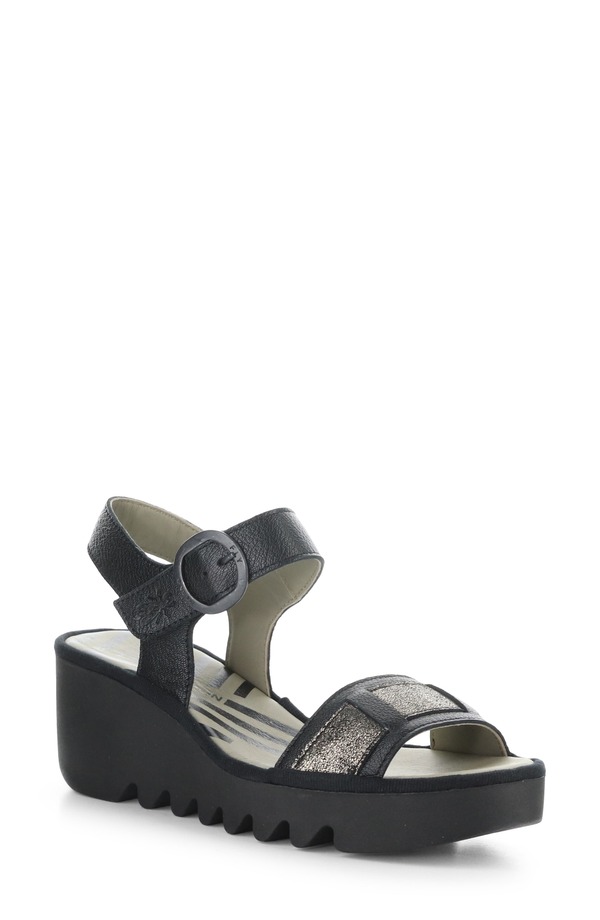 飛球英国の首都 レディース シューズ 踵 プラットホーム サンダル アンクル Fly London Beik Ankle Straplatform Wedge Sandal 001 Black/ Graph 黒いこと