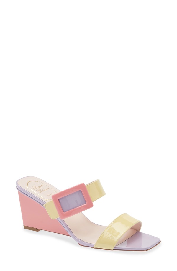 ロジェ・ヴィヴィエ レディース シューズ サンダル 色つや立ちはだかる Roger Vivier Belle Vivier Colorblock Wedge Sandal Yellow/ Violet/ Pink さくら色