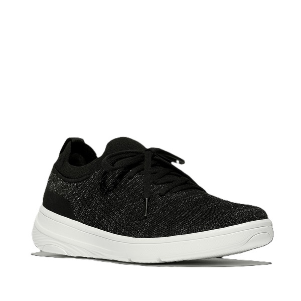 相応うフロップ レディース シューズ スニーカー 編み物 FitFlop Super Q Knit Slip On Sneakers Black/Silvereen 黒いこと