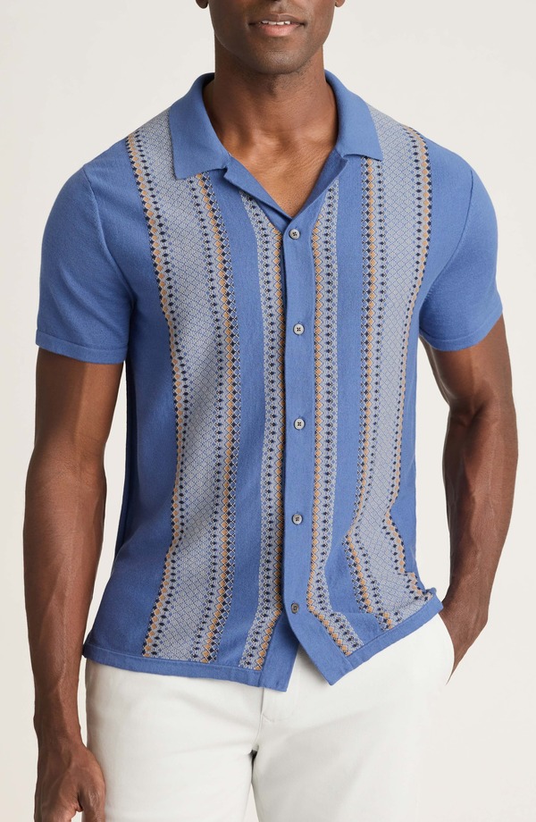 ボノボス メンズ アウター 編み物・プルオーバー 綿織物 Bonobos Hudson Cabana Stripe Short Sleeve Cotton Button-Up Sweater Steel Blue + Brown Diamonds 青味
