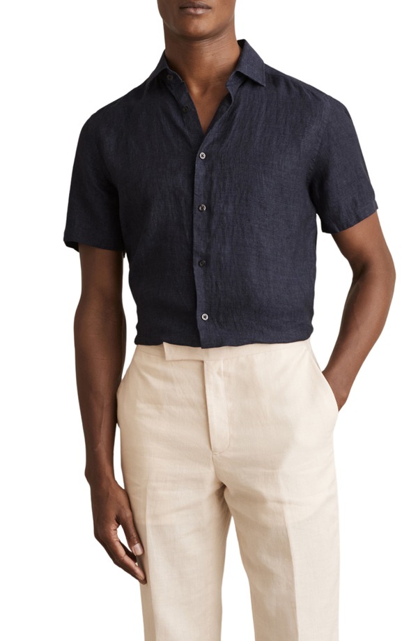 レイス メンズ トップス シャツ リネン Reiss Holiday Short Sleeve Linen Button-Up Shirt Navy ネイビー