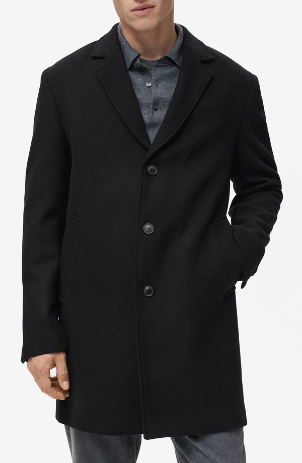 マンゴ メンズ アウター 上衣・上衣 羊毛 厚地の外套 MANGO Wool Blend Single Breasted Coat Black 黒いこと