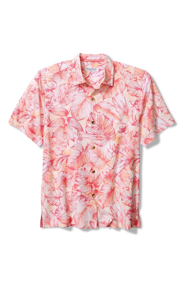 トッミーバハマ メンズ トップス プルオーバー 鳥打ち帽 ケープ Tommy Bahama Coconut Point Coastal Cool Frond Escape IslandZone Short Sleeve Button-Up Shirt Pink Peach サクラ色 カジュアルシャツ-トップス-メンズファッション